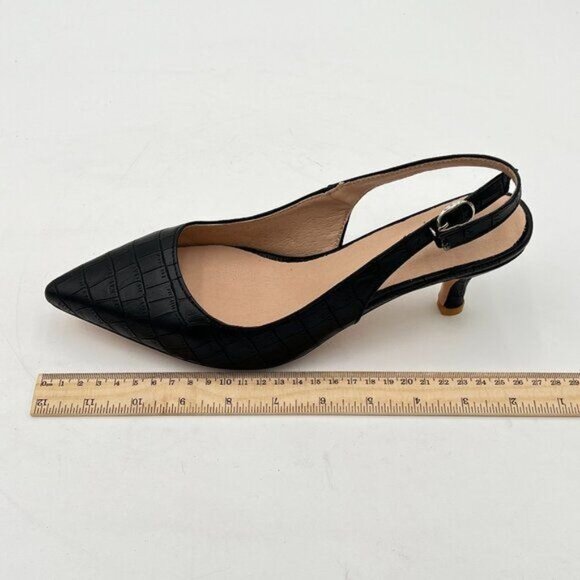 Black Crocodile Printing Kitten Heels Office Pumps Pointed Toe Slingback Shoes - Picture 2 of 7